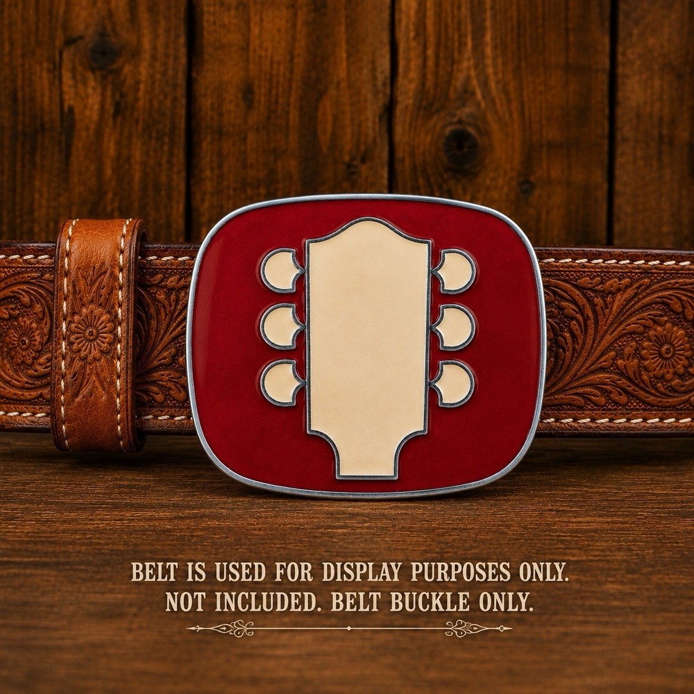 Guitar Headstock Belt Buckle Red Enamel Silver Tone Metal 3" x 2.5"